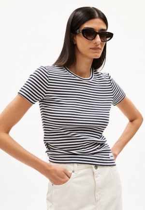 ARMEDANGELS KARDAA STRIPES Rib-T-Shirt Regular Fit made of Organic Cotton Mix Night Sky-white | 8529703-AK