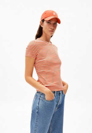 ARMEDANGELS KARDAA STRIPES Rib-T-Shirt Regular Fit made of Organic Cotton Mix Poppy Red-oatmilk | 7369218-BT