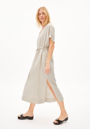 ARMEDANGELS MAAHALIANA LINO STRIPES Woven Dress Relaxed Fit made of Linen-Mix Oatmilk-light Matcha | 8534621-RF