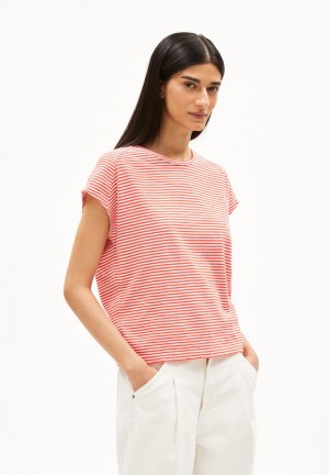 ARMEDANGELS ONELIAA LOVELY STRIPES T-Shirt Loose Fit made of Organic Cotton Poppy Red-oatmilk | 2675918-BM